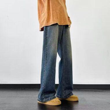 Vintage washed dark blue loose straight men jeans