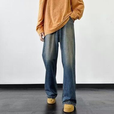 Vintage washed dark blue loose straight men jeans