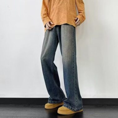 Vintage washed dark blue loose straight men jeans