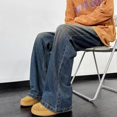 Vintage washed dark blue loose straight men jeans