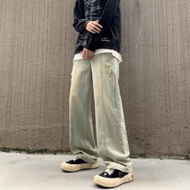 American distressed gradient loose straight wide leg men jeans