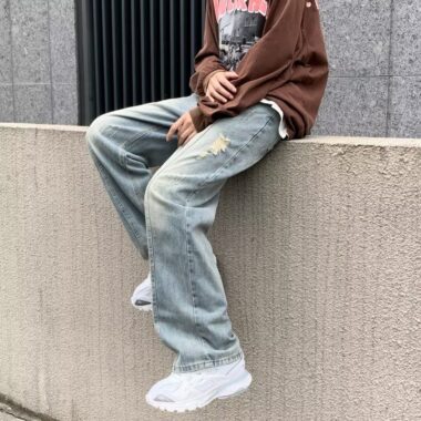 American distressed gradient loose straight wide leg men jeans