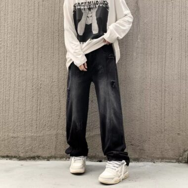 American distressed gradient loose straight wide leg men jeans