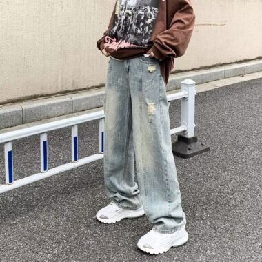 American distressed gradient loose straight wide leg men jeans