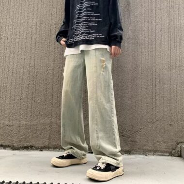 American distressed gradient loose straight wide leg men jeans