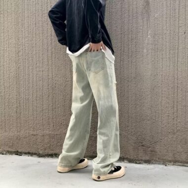 American distressed gradient loose straight wide leg men jeans