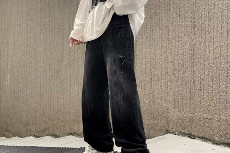 American distressed gradient loose straight wide leg men jeans