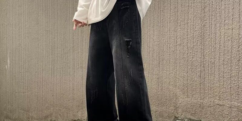 American distressed gradient loose straight wide leg men jeans