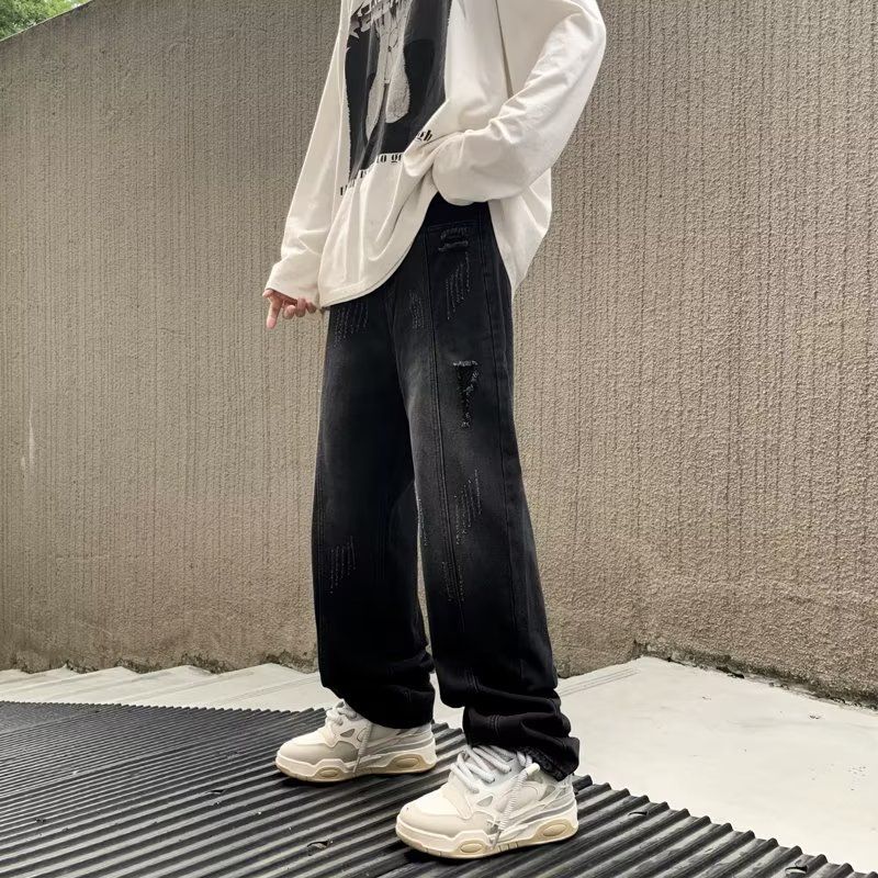 American distressed gradient loose straight wide leg men jeans