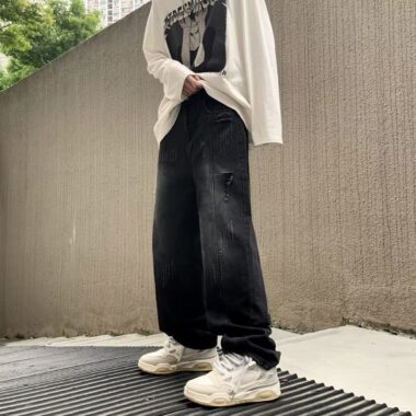 American distressed gradient loose straight wide leg men jeans