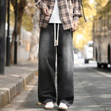 Autumn winter elastic waist loose straight American men jeans