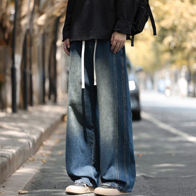 Autumn winter elastic waist loose straight American men jeans