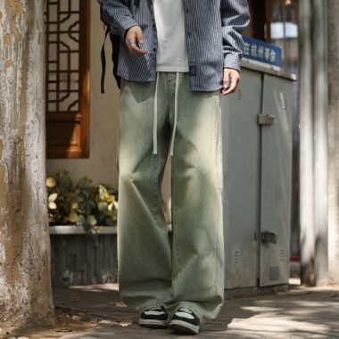 Autumn winter elastic waist loose straight American men jeans