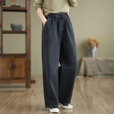 Spring washed elastic high waist loose straight women jeans