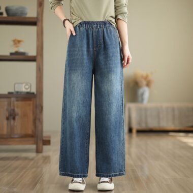 Spring washed elastic high waist loose straight women jeans