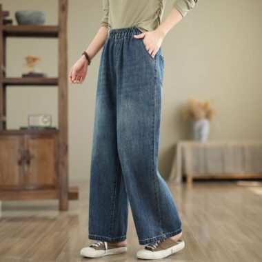 Spring washed elastic high waist loose straight women jeans