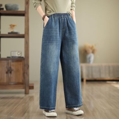 Spring washed elastic high waist loose straight women jeans