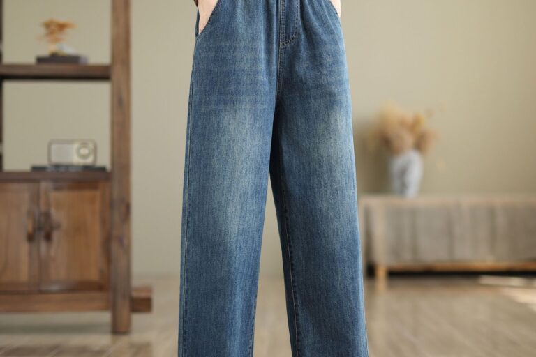 Spring washed elastic high waist loose straight women jeans