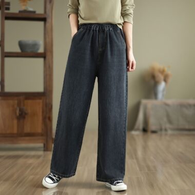Spring washed elastic high waist loose straight women jeans