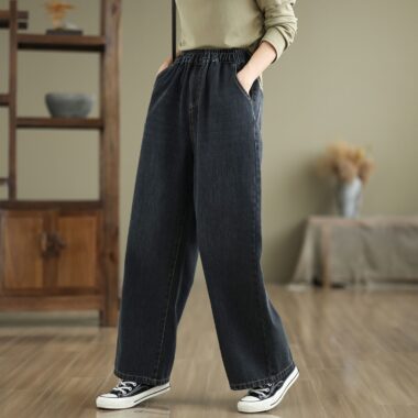 Spring washed elastic high waist loose straight women jeans