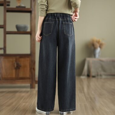 Spring washed elastic high waist loose straight women jeans