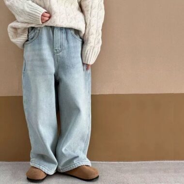 Autumn winter fleece lined high waist straight girls children jeans