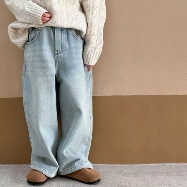Autumn winter fleece lined high waist straight girls children jeans