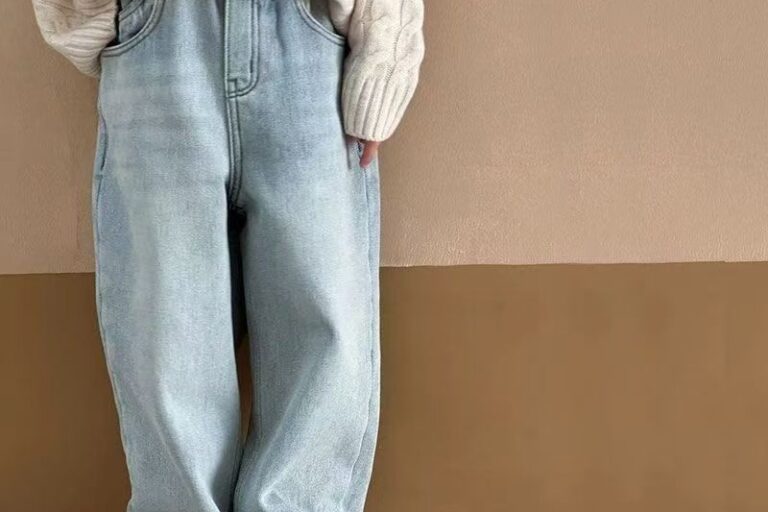 Autumn winter fleece lined high waist straight girls children jeans