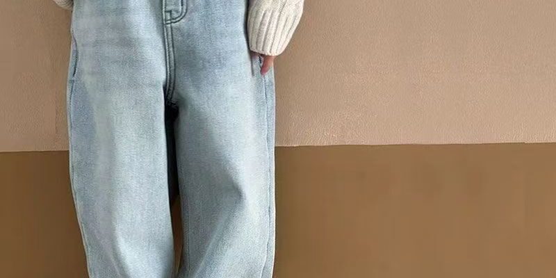 Autumn winter fleece lined high waist straight girls children jeans
