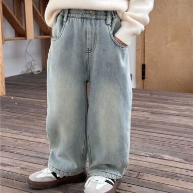 Autumn winter fleece lined high waist straight girls children jeans