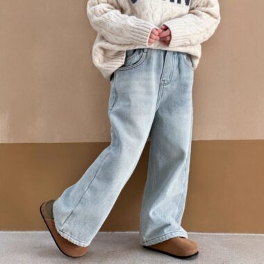 Autumn winter fleece lined high waist straight girls children jeans