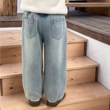 Autumn winter fleece lined high waist straight girls children jeans
