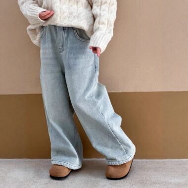 Autumn winter fleece lined high waist straight girls children jeans