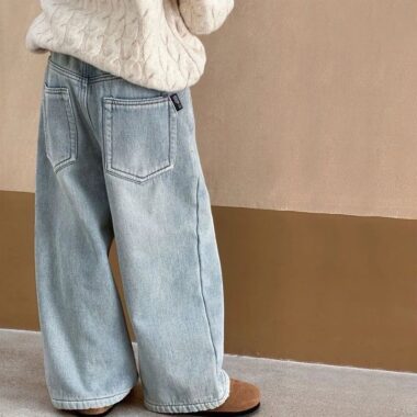 Autumn winter fleece lined high waist straight girls children jeans
