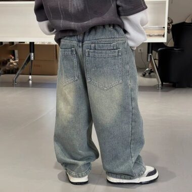 Korean style winter fleece lined straight boys children jeans