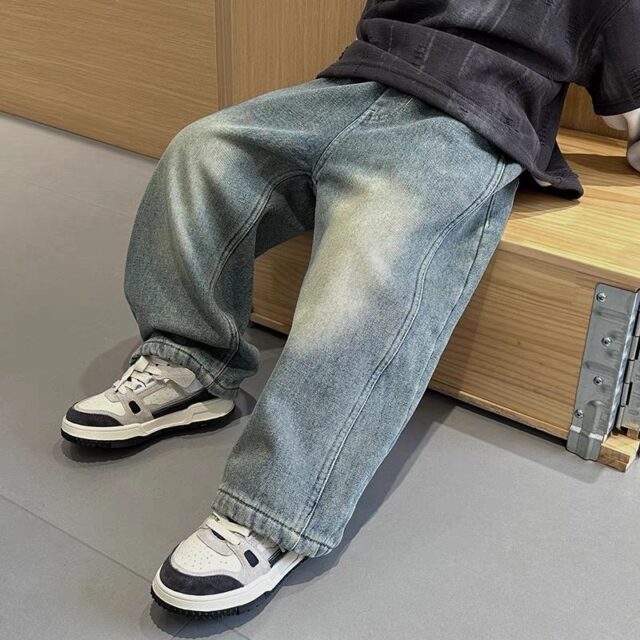 Korean style winter fleece lined straight boys children jeans