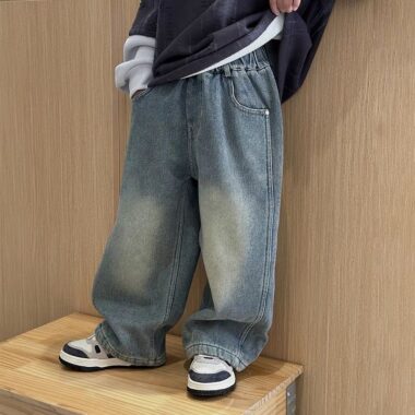 Korean style winter fleece lined straight boys children jeans