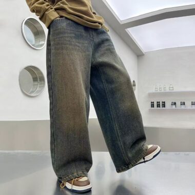 Winter fleece lined loose wide leg boys children jeans