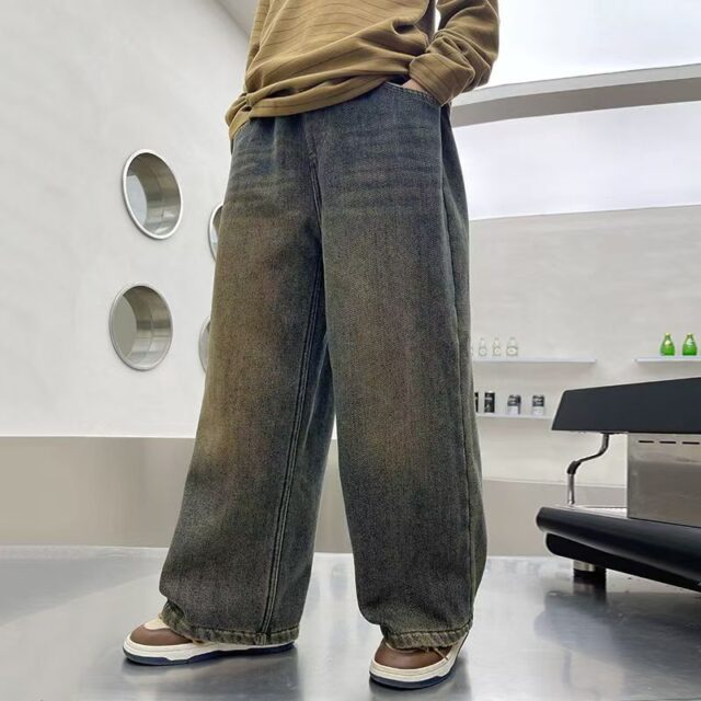 Winter fleece lined loose wide leg boys children jeans