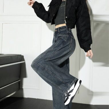 American vintage fleece lined high waist wide leg women jeans