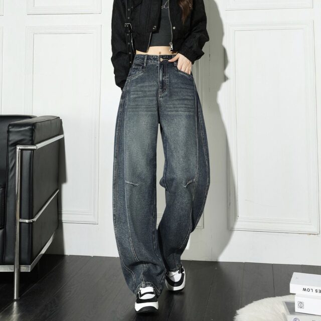 American vintage fleece lined high waist wide leg women jeans