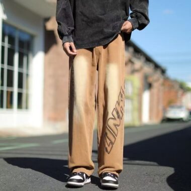 American vintage graffiti washed loose wide leg men jeans