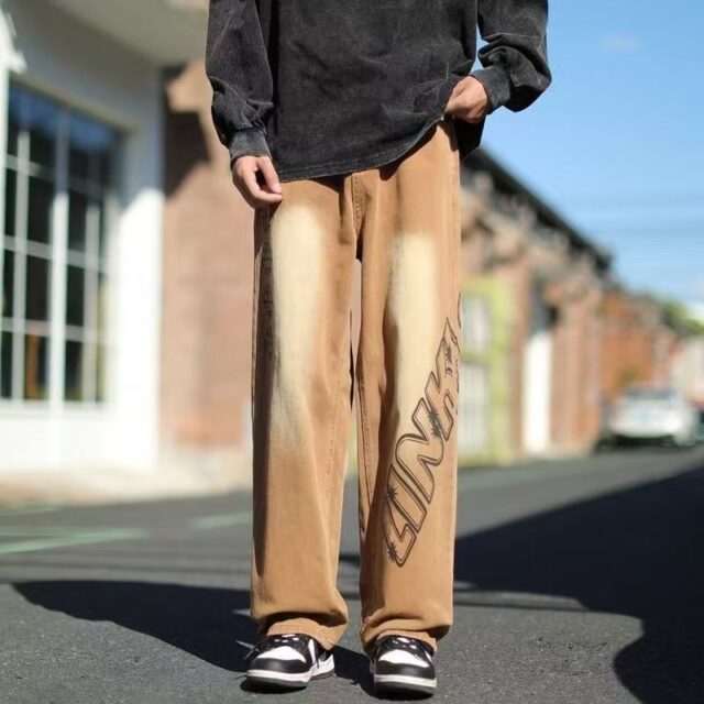 American vintage graffiti washed loose wide leg men jeans