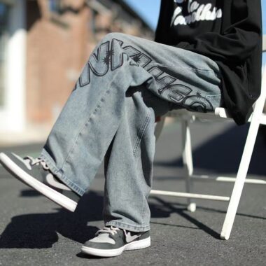 American vintage graffiti washed loose wide leg men jeans