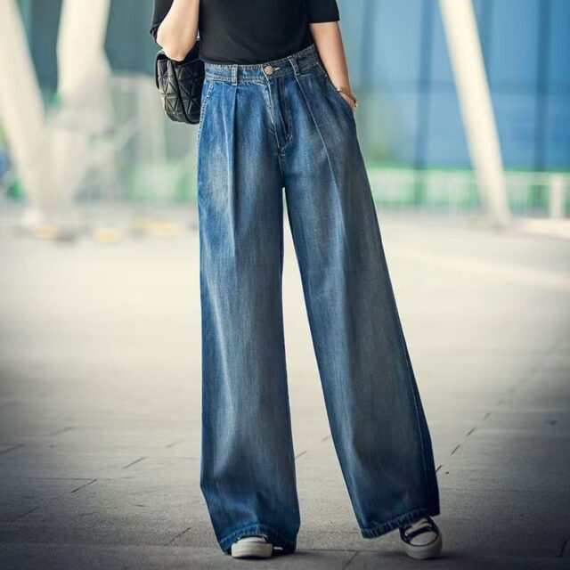 Vintage high waist contrast loose wide leg women jeans