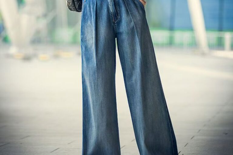 Vintage high waist contrast loose wide leg women jeans