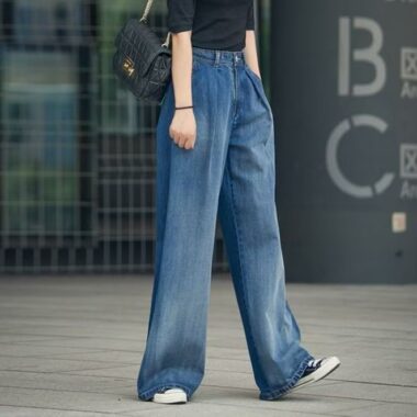 Vintage high waist contrast loose wide leg women jeans