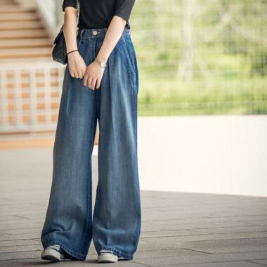 Vintage high waist contrast loose wide leg women jeans