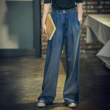 Vintage high waist contrast loose wide leg women jeans