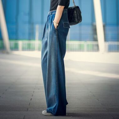 Vintage high waist contrast loose wide leg women jeans